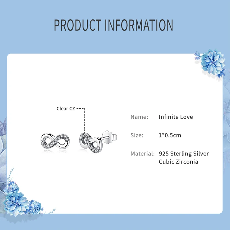 Original 925 Sterling Silver Stud Earrings Crystal Infinite Love Earings For Women Fine Jewelry Luxury Valentine's Day Gifts | Украшения