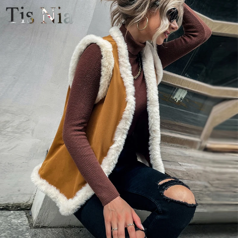Women's Vest 2021 Winter Casual Ladies Loose Rabbit Fur Jacket Solid Color Vest Warm Coat Jacket XL Camel Sleeveless