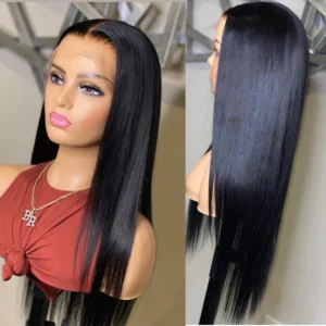 Meinmod Realistic Looking Black Synthetic Lace Front Wigs Long Straight Heat Resistant Fiber Lace Front Wigs For Women