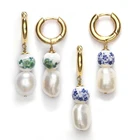Серьги-кольца из нержавеющей стали женские, серьги-подвески в стиле барокко с пресноводным жемчугом и бусинами зеленого и синего цвета