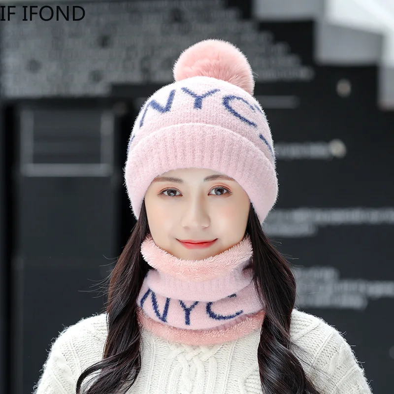 

Fashion Beanie Hat Winter Thick Warm Hats For Women Fur Pompom Knitted Skullies Beanies Hats Outdoor Riding Sets
