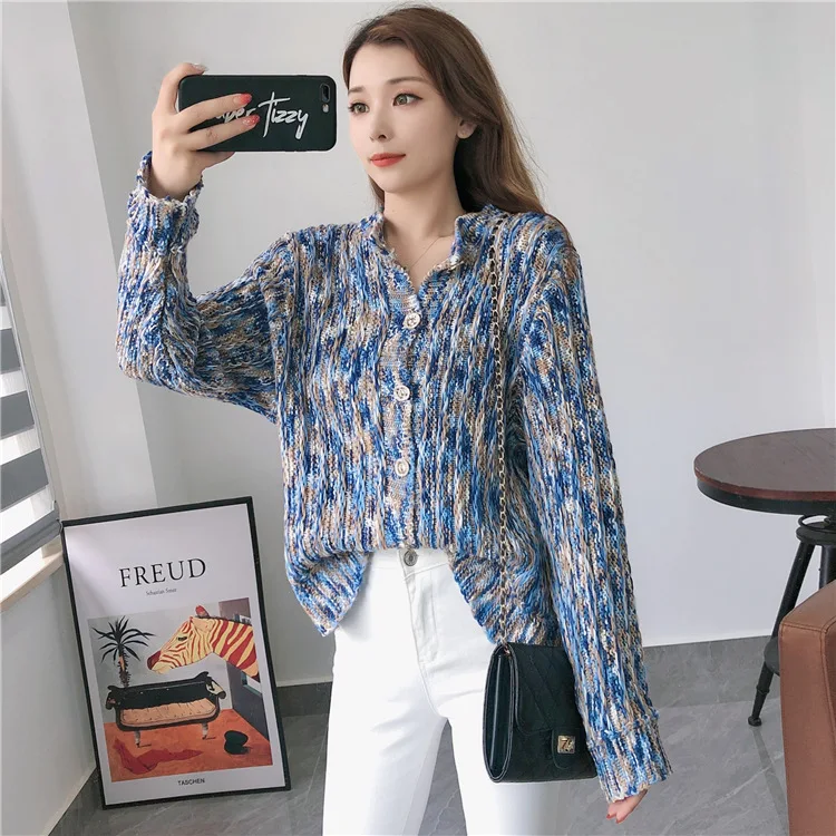 

Fannic Autumn Rainbow Long Sleeve Single-Breasted Round Neck Knitted Cardigan Sweater for Women