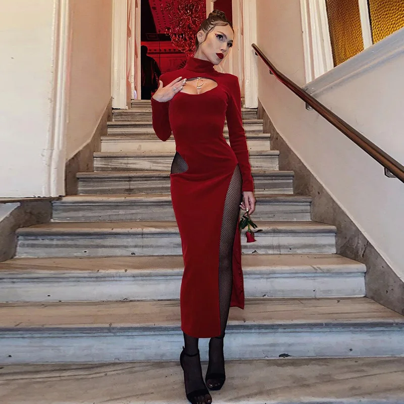 

Women Temperament Sexy Long-Sleeved Solid-Color High-Necked Cut-Out Revealing Chest Waist Slim-Fit Split-Hip Tight-Fitting Dress