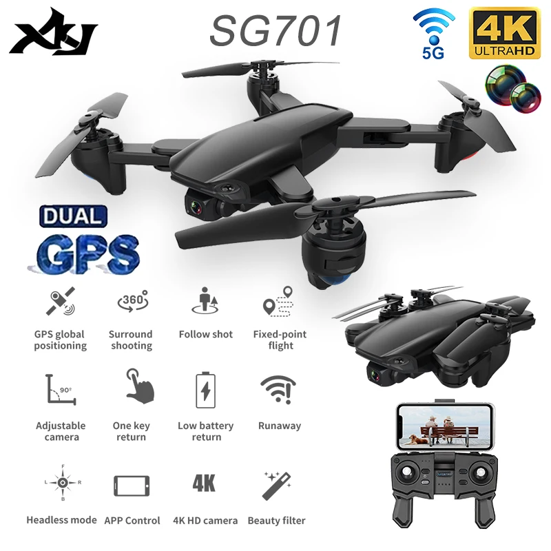 

XKJ Новый SG701 Дрон GPS с 4K HD двойной камерой 5G WIFI Радиоуправляемый автомобиль складной Квадрокоптер Профессиональный фотоподарок