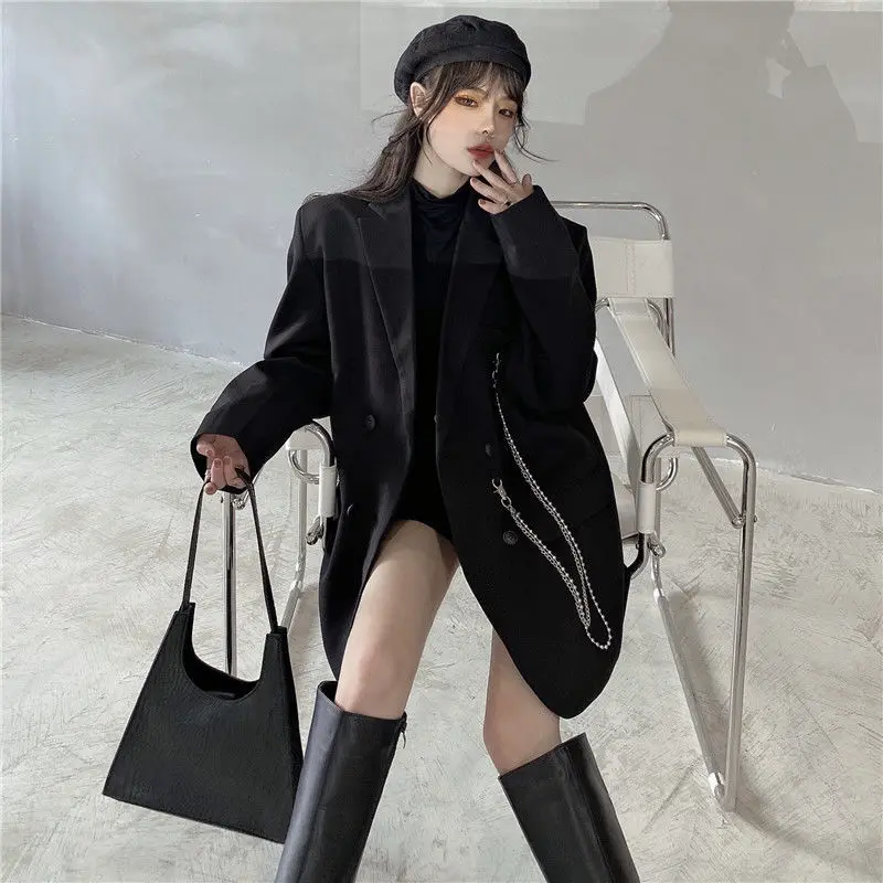 

Blazers Women Notched Chain Double-breasted Baggy Student High Street Harajuku Outwear BF Suits Female Pockets Ins Leisure Slim