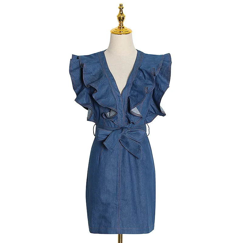 

Star with new deep v ruffled sleeveless lace sleeveless waist hip denim dress skirt
