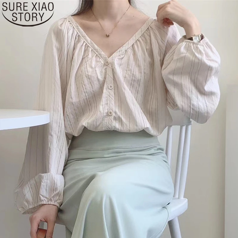 

2021 Spring and Summer Women Long Sleeve Shirts V-neck Casual Striped Shirt Lantern Sleeve Thin Blouse Vintage Women Tops 10517
