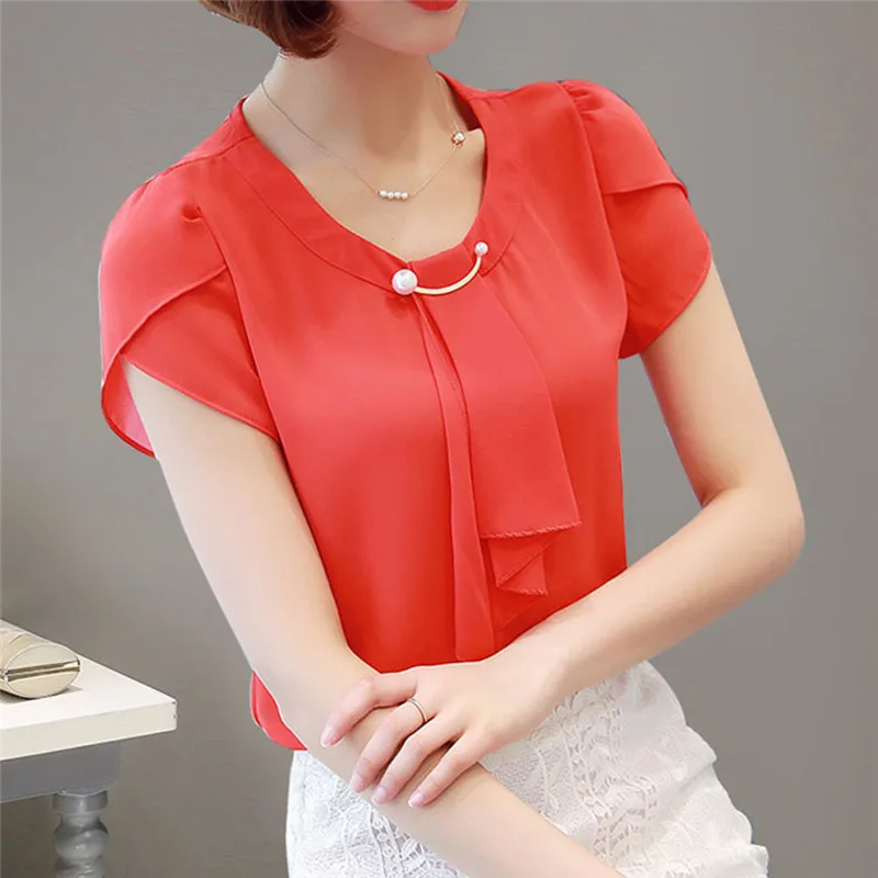 

Chic Summer Blouse Women Shirt Office Work Slim Tops Short Sleeve Shirts Korean Bow Neck Ruffle Yellow Red Blouses Blusas
