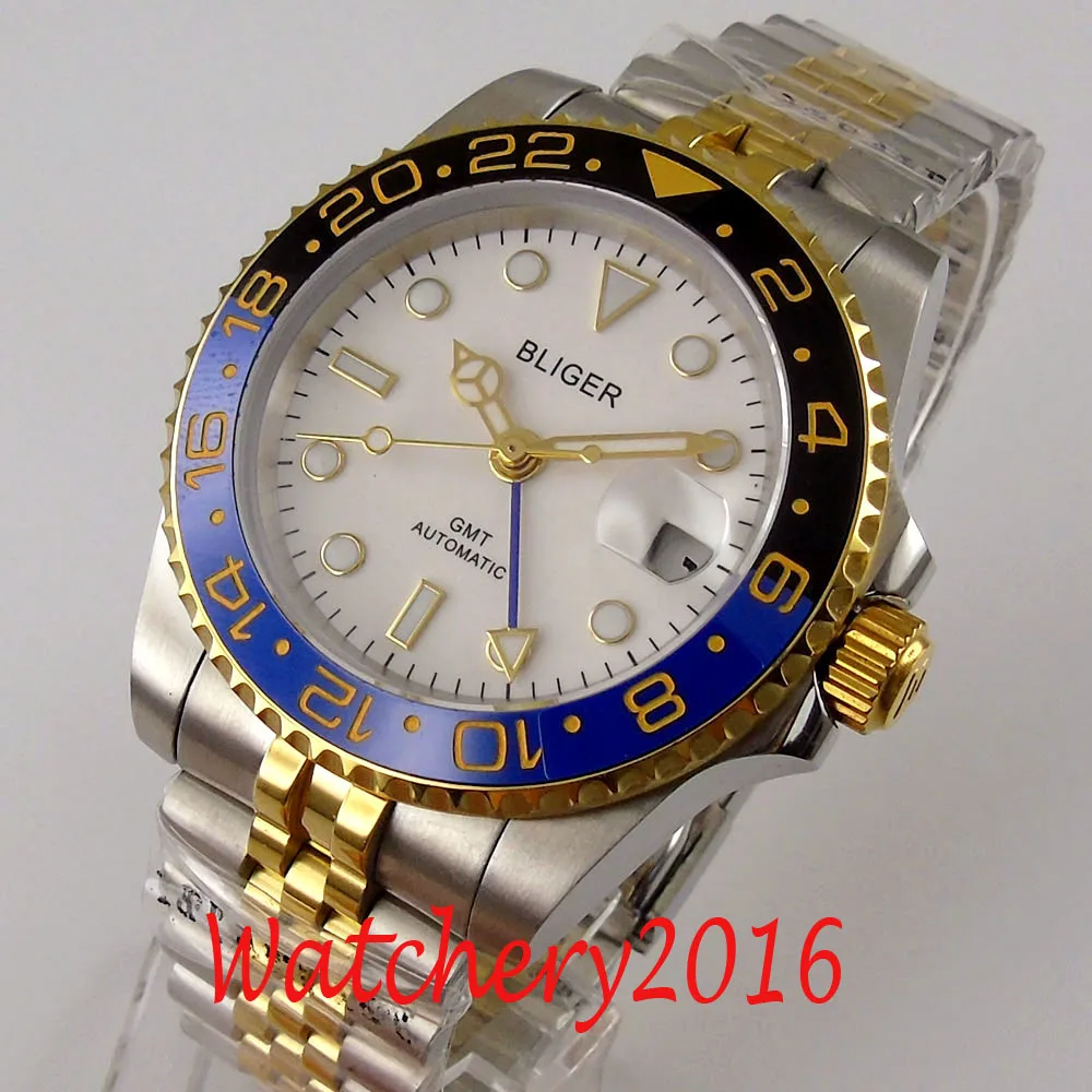 

BLIGER Yellow Gold Plated Ceramic bezel Self Winding Men Watch GMT Movement Jubilee Bracelet White Dial Sapphire Crystal