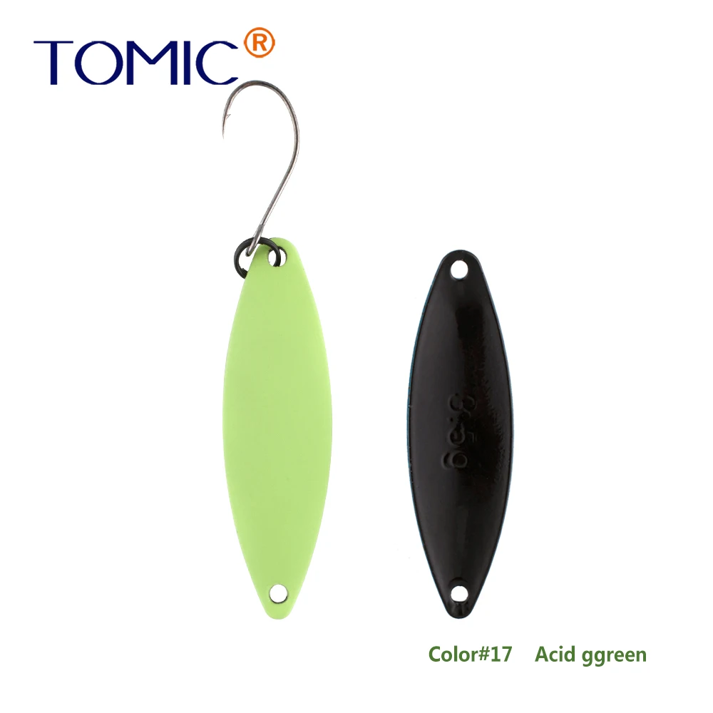Tomic 1 шт. 1,6 г 2,7 г 3,5 г микро узкие латунные металлические ложки УФ сверкающие цвета окунь форель области один крючок рыболовные приманки Pesca - Цвет: Acid ggreen