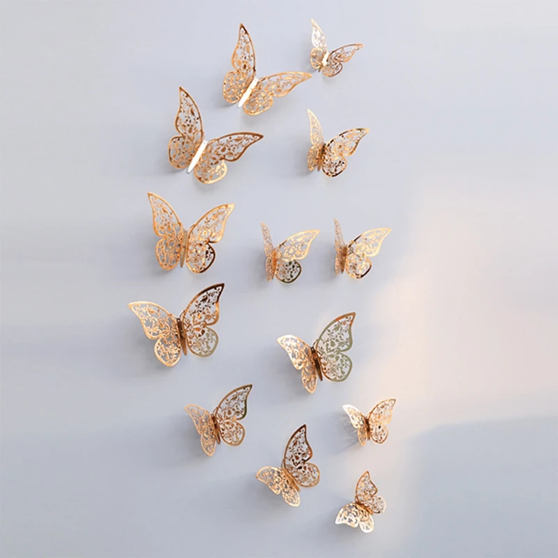 12pcs 3D Hollow Butterfly Wall Sticker for Home Decoration Imitation Metal Butterfly Wall Stickers Decoration for Living Room
