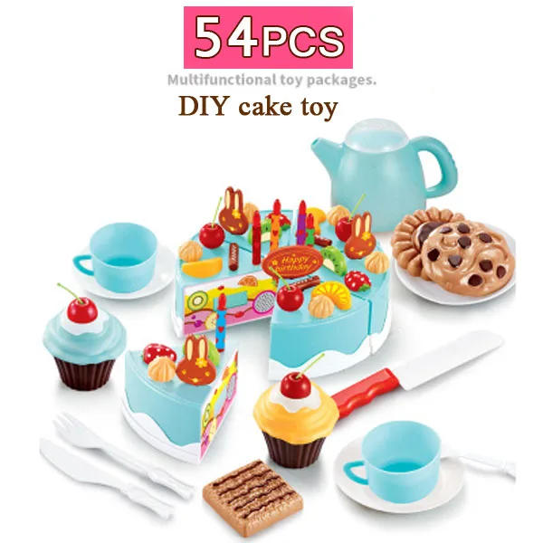 blue 54pcs 37 шт. или 75 шт. кухонные игрушки ролевые игры фруктовый торт на день рождения diy крем чайный набор еда игрушка розовый девочки дети кастрюля набор - Цвет: blue 54pcs