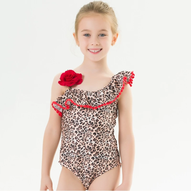 

2-7Y Girls Swimsuit One Shoulder One Piece Swimwear Kids Leopard Bathing Suit Toddler Baby Beachwear Ruffle Triangle Bikini 2021