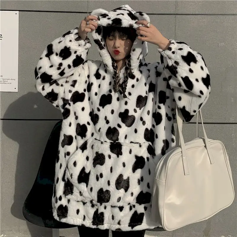 

Hoodie Oversized Women Pullover Cow Pattern Hooded Sweatshirt Mid-length Plus Fluffy Hoodie Baggy Casual Women's Top Hoodies