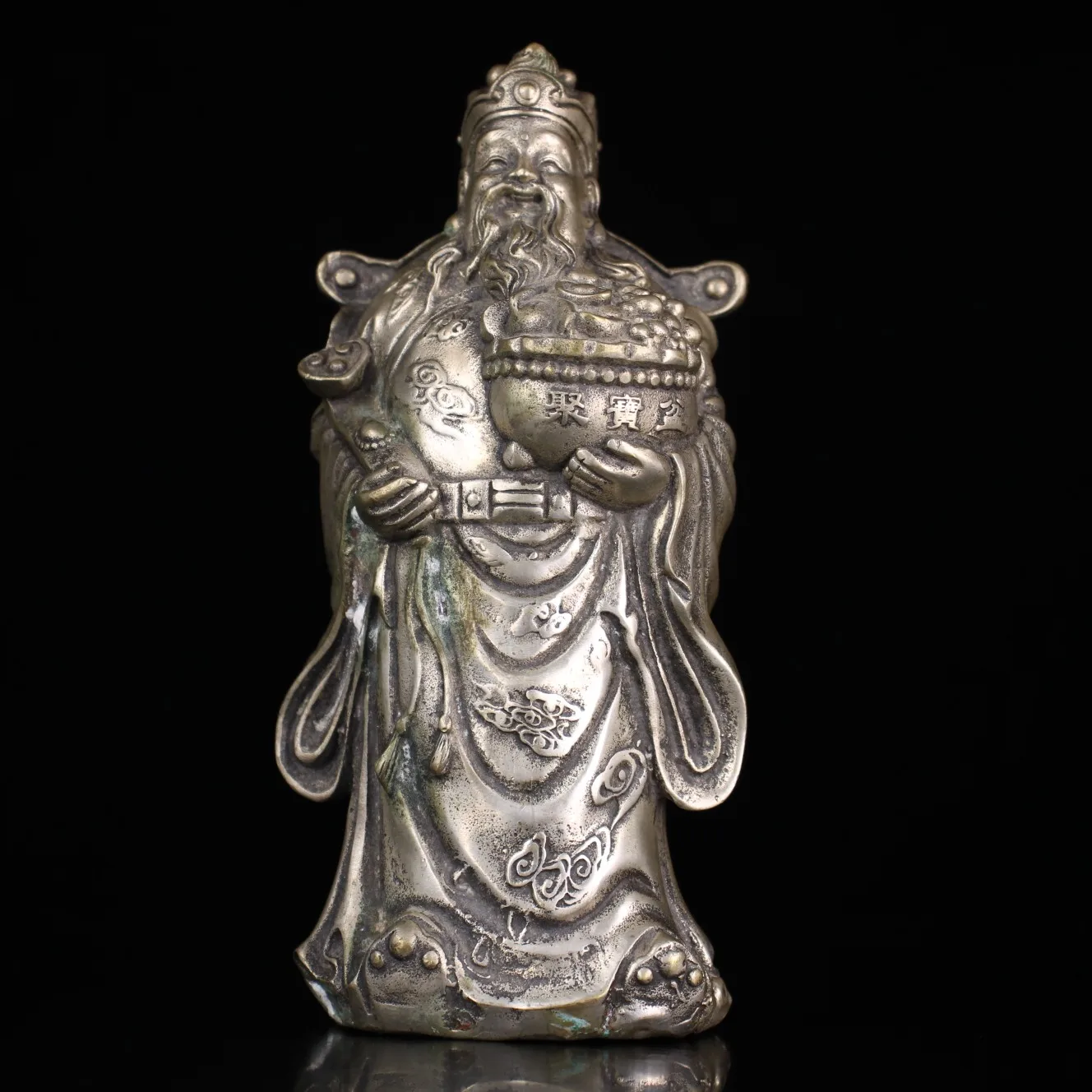 

7"Chinese Folk Collection Old Bronze Gilt silver treasure bowl God of Wealth Get rich statue Office Ornaments Town House