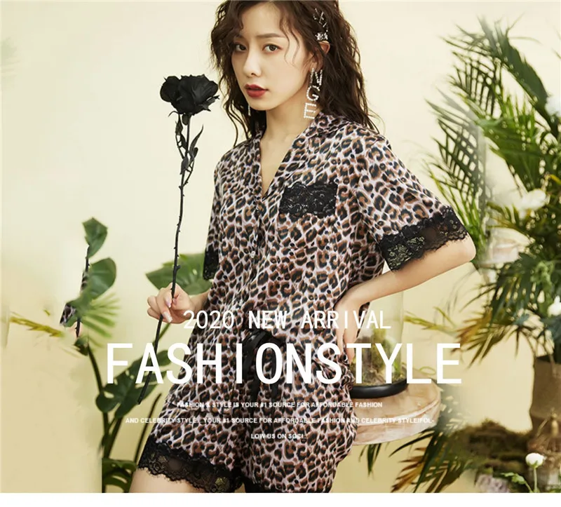 

Sexy Leopard Lace Pajamas 2Pcs Sets Female Short Sleeve V Neck Tops Shorts Homewear Women Summer Casual Female Loose Nightgown