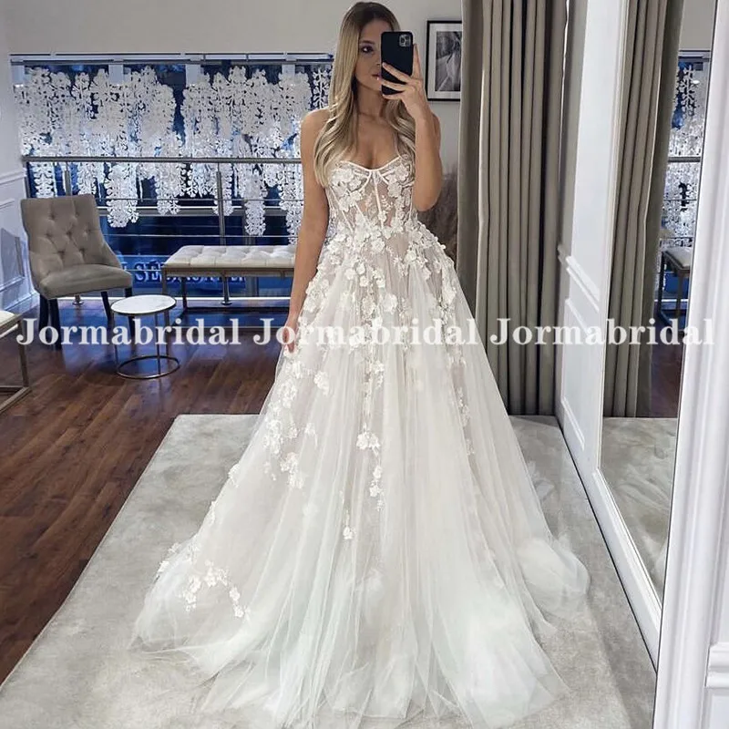 

Fairy A-line Boho Wedding Dresses Sweetheart Neckline Illusion Bodice 3D Applique Soft Tulle Beach Bridal Gown Vestido De Mariée