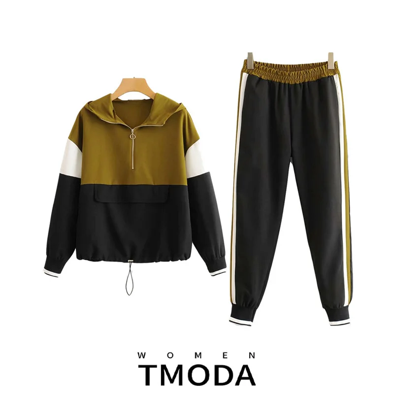 Женский комплект коричневый черный контрастный цвет бейсбольный Бомбер пуловер