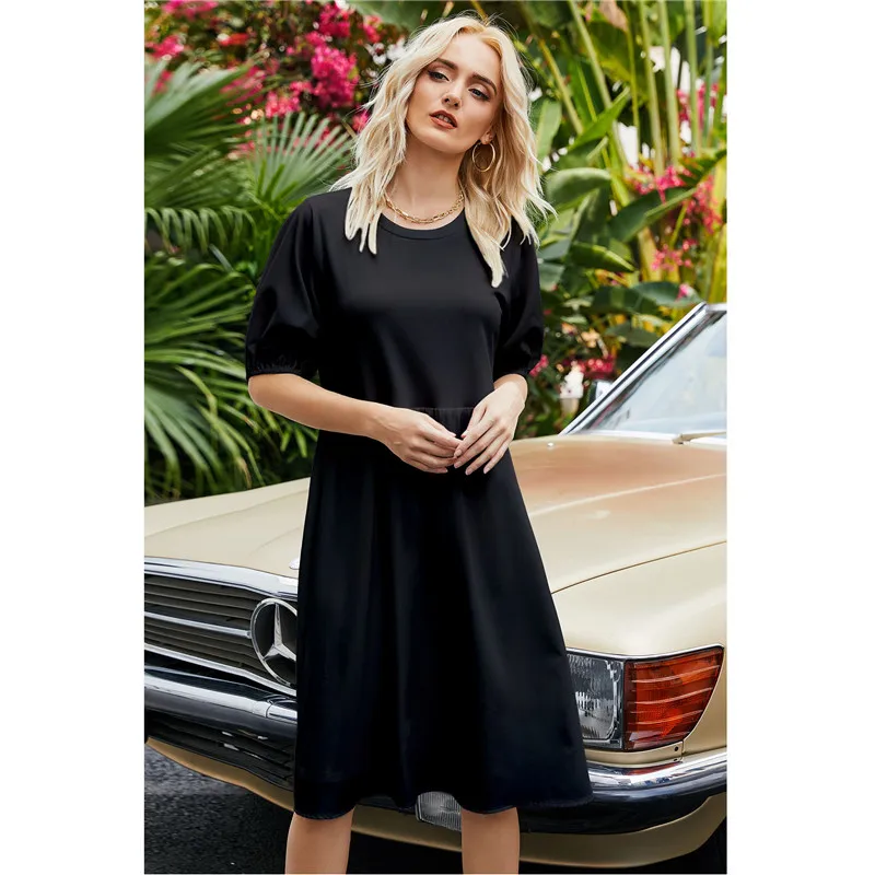 

Women Simple Style Fashion Long Dress Solid Color White Black Summer Short Sleeve Dress O-neck Knee Length Holiday Elegant Wear