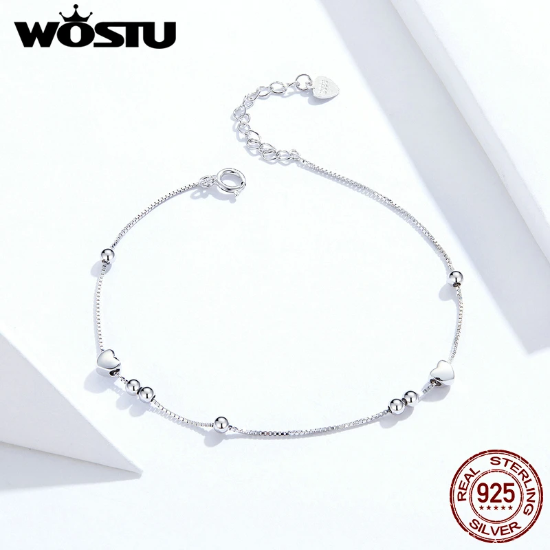 WOSTU настоящее 925 пробы серебряный браслет в форме сердца шарик цепочка звено для