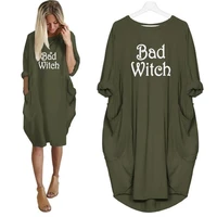 2022 new fashion 100 cotton bad witch letters print pocket dress clothing women
