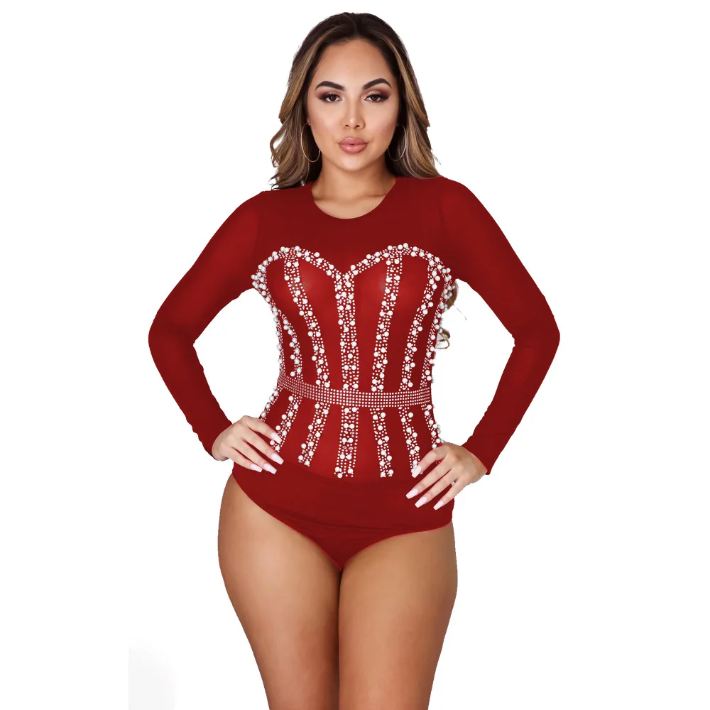 

Casual Beads Women Bodysuit Full Sleeve Party Night Clubwear Short Rompers Womens Jumpsuit Overalls Outfit