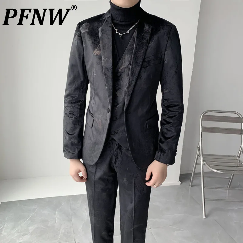 

PFNW 2021 новый костюм для банкета, Мужской приталенный Блейзер на одной пуговице, черный бархатный костюм с принтом, комплект 12X1124
