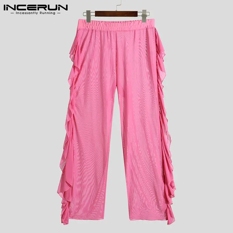 

Men Pants Mesh Elastic Waist 2022 Solid Color Ruffle See Through Trousers Streetwear Sexy Party Nightclub Pants Men 5XL INCERUN