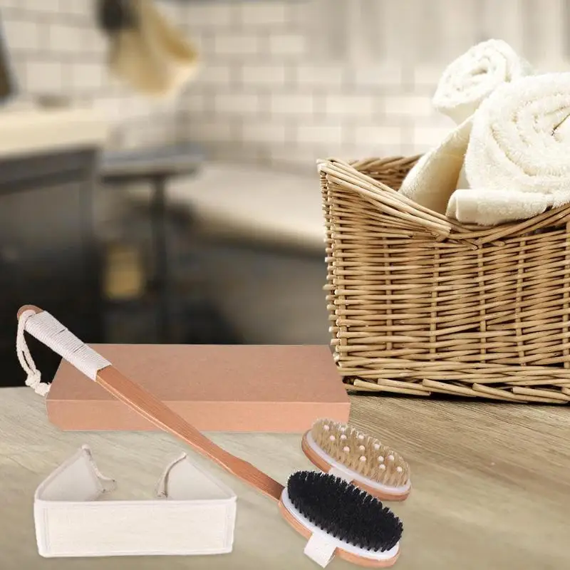 

3pcs Exfoliating Body Massage Soft Natural Bristle Scrubber Bamboo Handle Shower Bath Brush Reach Back Body