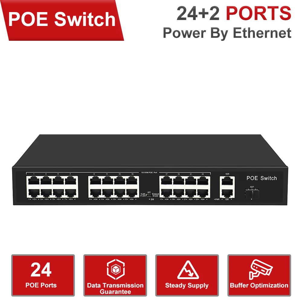 24 Port 10/100Mbps With 2 Gigabit TP/SFP Combo PoE Switch Power Supply For POE Video Surveillance Camera+Wireless Network Device