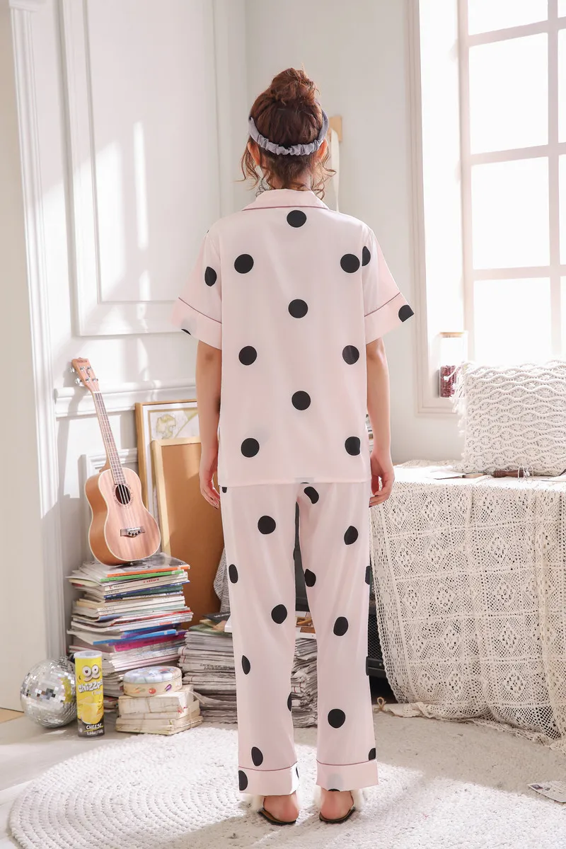 

Women Clothes Satin Pajamas Sets V-Neck Sleepwear Pijamas Mujer Short Sleeve Long Pants Sexy Pyjamas Female