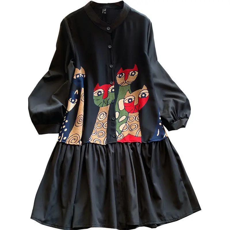

plus size 4XL Style Floral Print Pleated Dress Long Sleeve Women Mini Dress Loose Ladies Dresses Beach Sundress Ropa Mujer