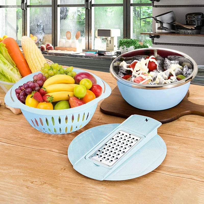 

Drain Basket Bowl Set, 10 Inch Stainless Steel Drain Basket Vegetable Cutter,Kitchen Multipurpose Julienne Grater,Cheese