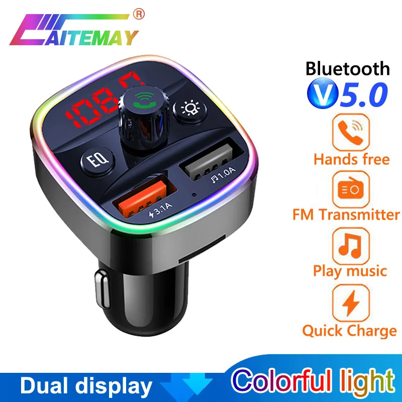 

2021 Ambient Light Bluetooth 5.0 FM Transmitter Car MP3 Player Wireless Handsfree Audio Receiver USB Fast Charge TF U Disk play