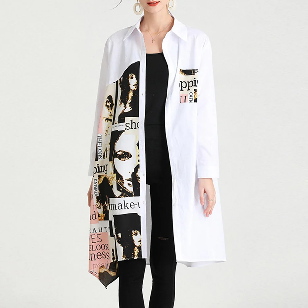 

Western Style Ladies Dresses Spring Autumn Fashion Temperament Loose Casual Oversize Chiffon Splicing Printing Long Sleeve Lapel