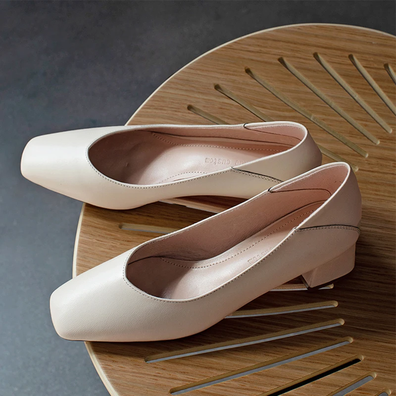 

Classic Shllow Spring Autumn Women Pumps Cow Leather Square Toe Chunky High Heels All-match Slip-on Ladies Party Work Shoes