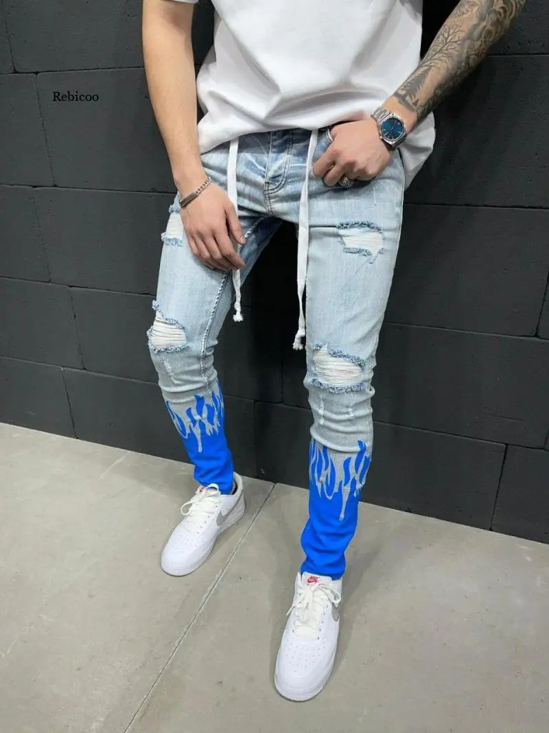 European and American Summer Men's Self-Cultivation Ripped Jeans with Printed Flame Fashion Personality Denim Tethered Jeans