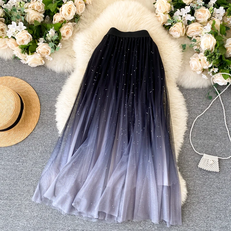 

Tender Fashion Bling Bling Long Mesh Skirt Women All-match Seasonal Chic Mesh A-line Skirt