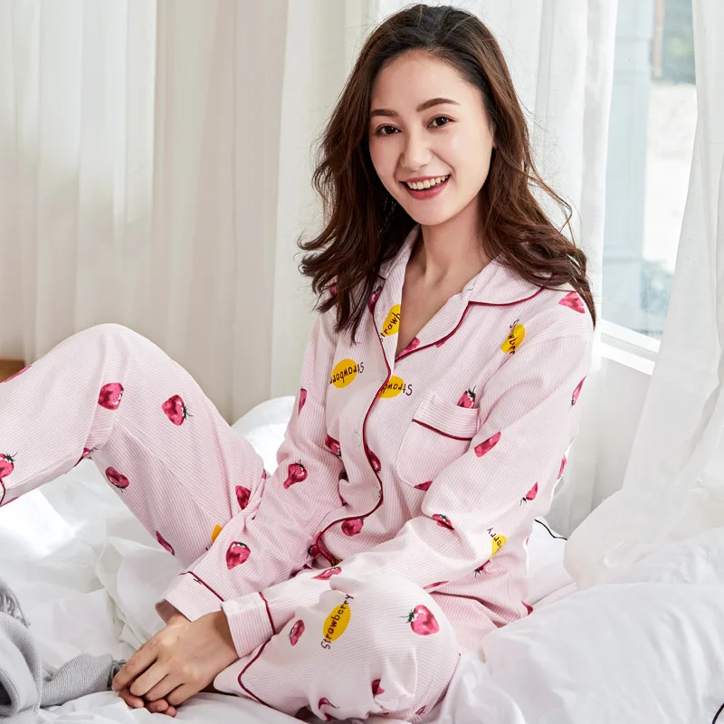 

Женский пижамный комплект из хлопка, новый пижамный комплект Pigama, женская повседневная домашняя пижама с отложным воротником, женская пижа...