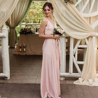 light pink graceful formal wedding bridesmaid dress v neck spaghetti straps bow sleeveless floor length evening party gown new