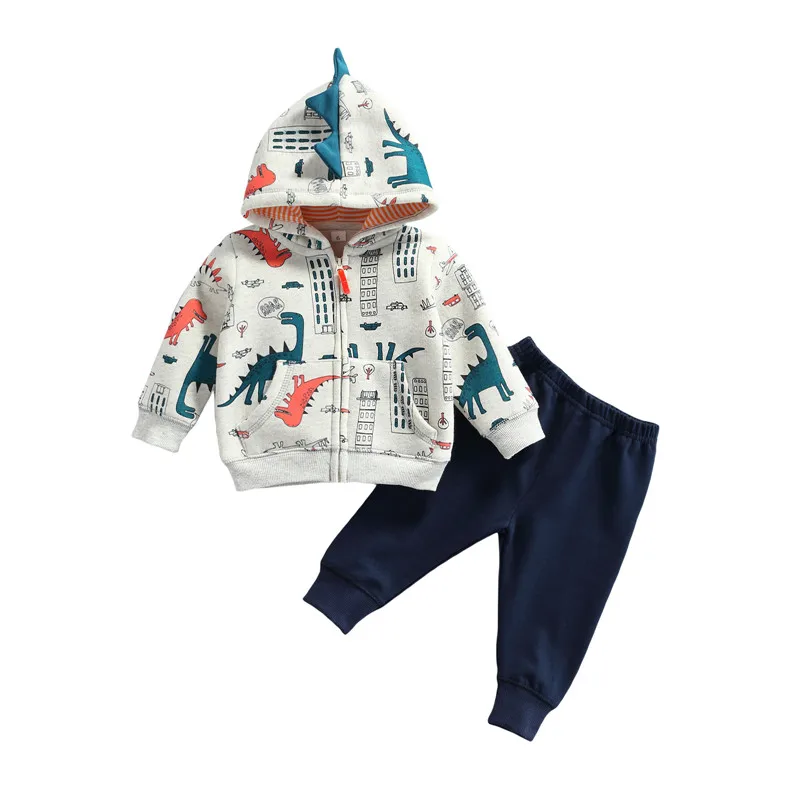 

2021 Baby Boys Clothes Set Dinosaur Printed Pattern Hooded Jacket Pants Autumn Winter Casual Outfits