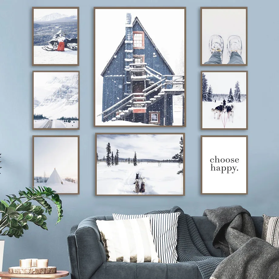 

Winter Snow Forest Mountain Tree House Sled Dog Wall Art Canvas Painting Nordic Posters And Prints Wall Pictures For Living Room