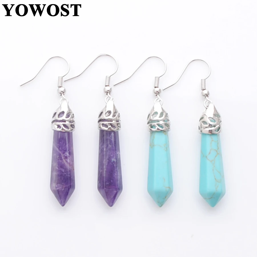 Natural Gem Hexagonal Reiki Chakra Stone Beads Earrings for women Jewelry 5 Pair IBR310 | Украшения и аксессуары