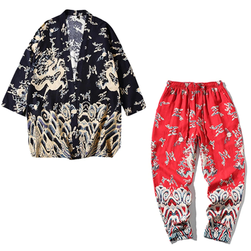 Jacket Pants 4 Дракон хаори японский стиль Мужчины кимоно традиционная одежда кардиган брюки костюм юката Япония хип хоп Уличная азиатская одежда - Цвет: Jacket Pants 4