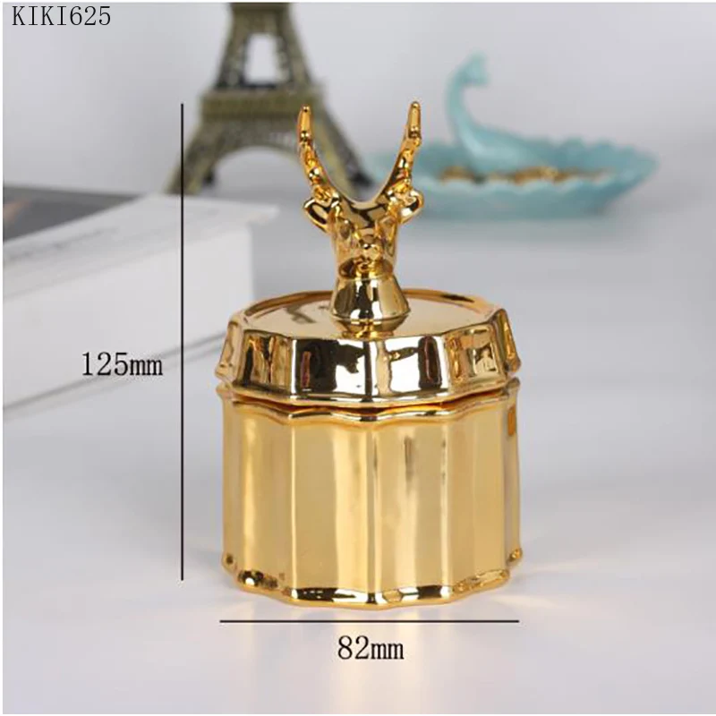 

Creative Golden Animal Head Storage Jar Ceramic Electroplating Jewelry Box Crafts Cute Elk Rabbit Food Tea Sealed Jar Decoration