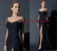 long sleeve fashion prom beading formal gowns vestido de festa new hot sexy cap sleeve black lace mother of the bride dresses