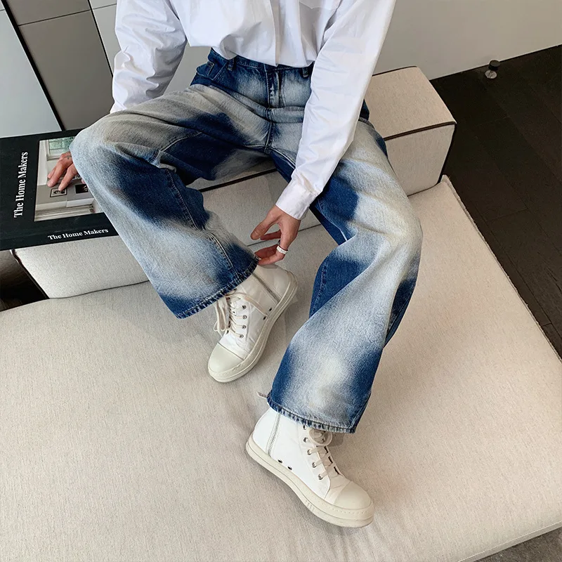 

High street gradual tie-dye jeans spring summer INS South Korean trend wide leg pants fry street straight trousers male
