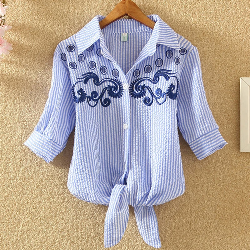 Женская короткая блузка кимоно в полоску с пышными рукавами топы синюю вышитыми