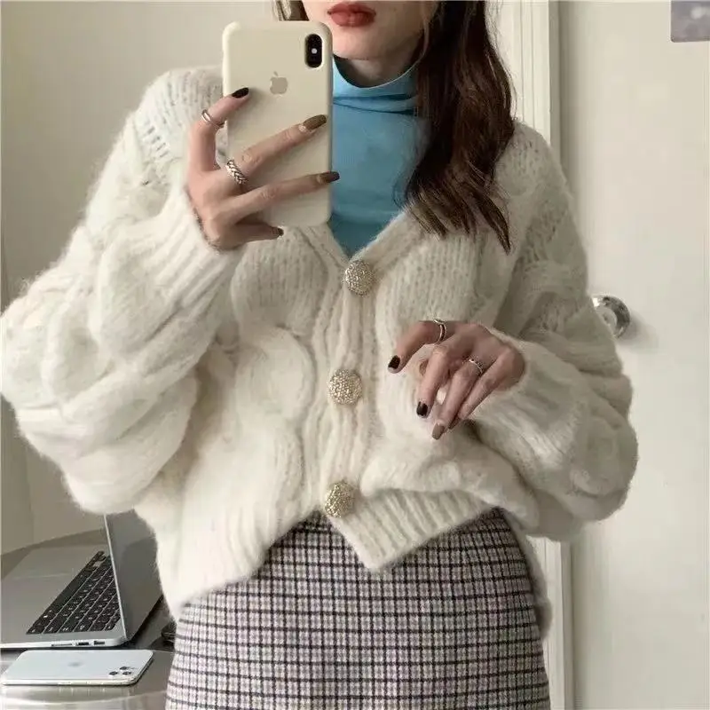 

Sweater female blue v-neck brief paragraph loose outside han edition cardigan sweater coat the spring and autumn period and the