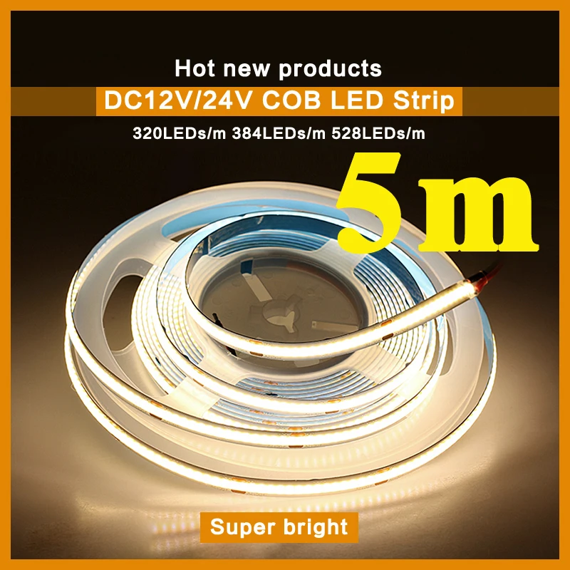 

5M Super Brightness Cob Led Strip 320 384 528 Leds High Density Flexible Cob Led Lights Dc12v 24v Ra90 3000K 4000k 6000k Roomdek